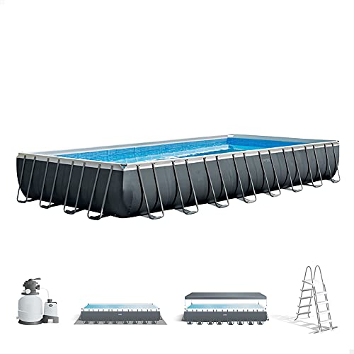 Intex 26374NP – Aufstellpool Ultra XTR Frame Rechteckig, Filterpumpe 10500 L/h, Leiter, Bodenplane und Abdeckplane, 54368 L, Stahl und PVC, Grau