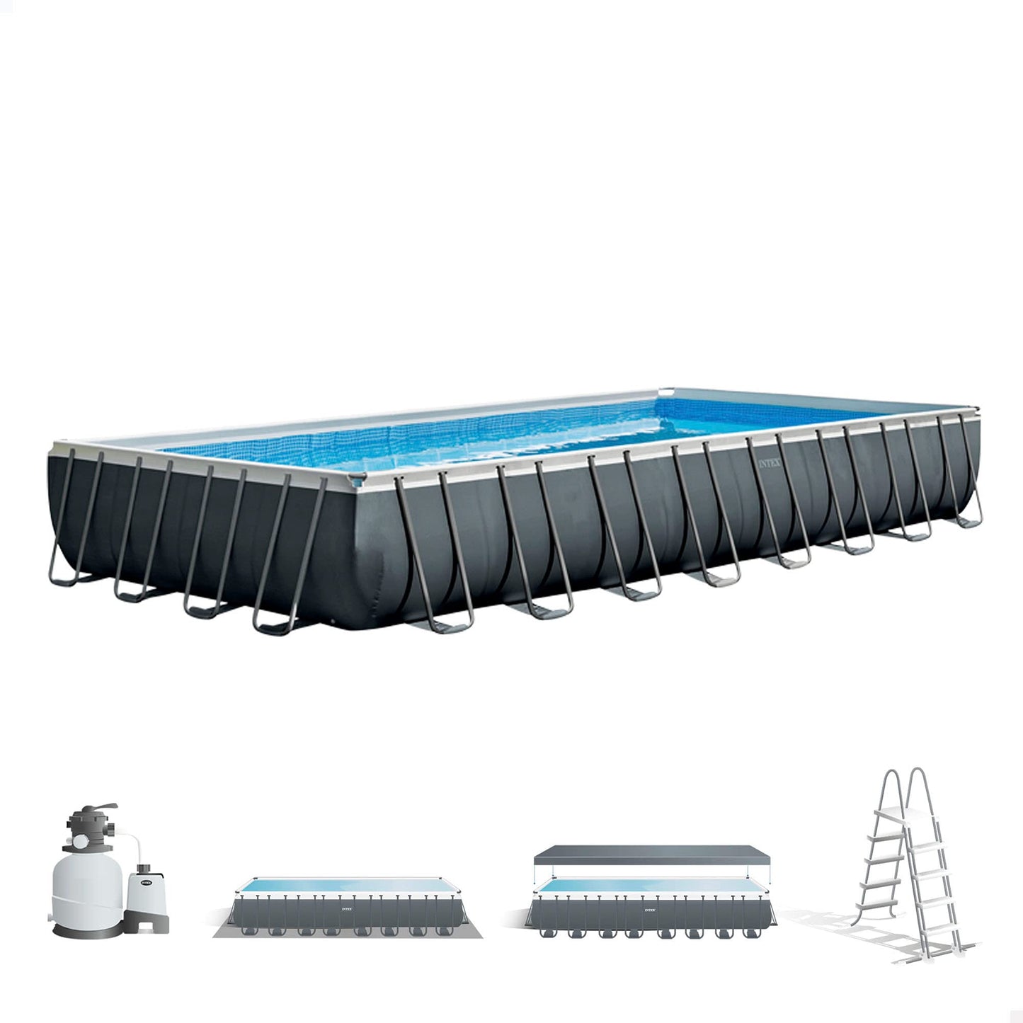 Intex 26374NP – Aufstellpool Ultra XTR Frame Rechteckig, Filterpumpe 10500 L/h, Leiter, Bodenplane und Abdeckplane, 54368 L, Stahl und PVC, Grau