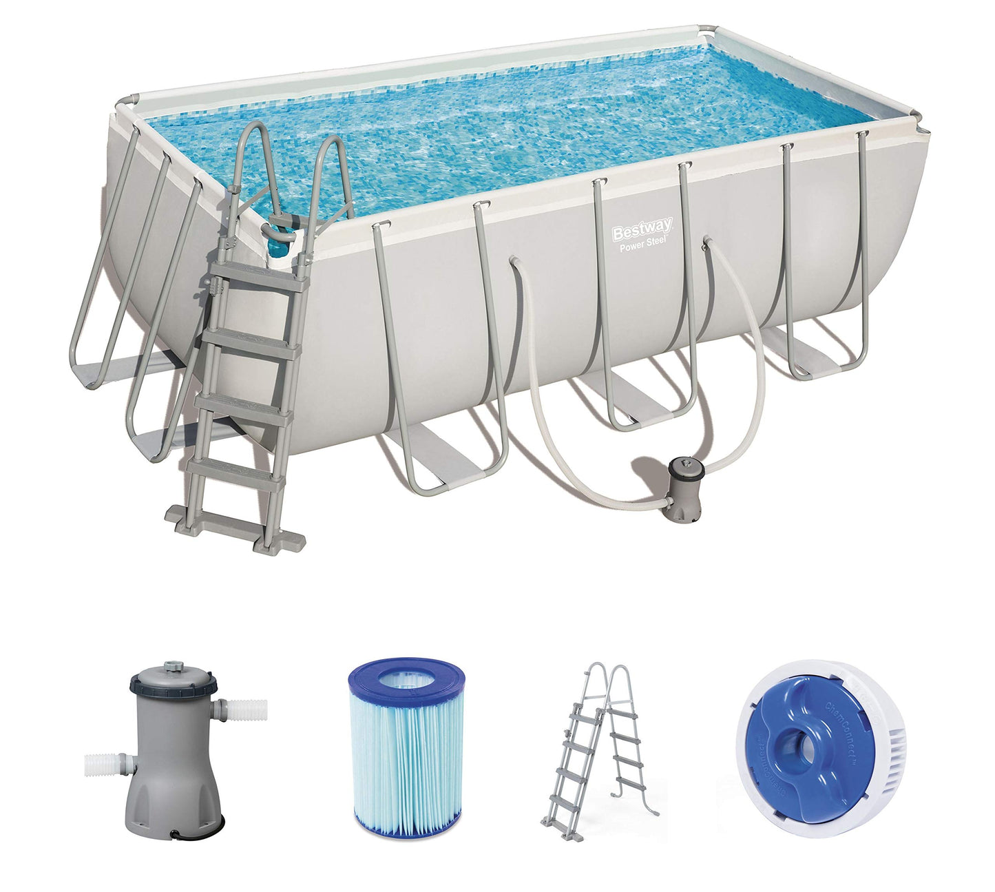 BESTWAY Power Steel Rectangular Pool Set 412x201x122 cm, Stahlrahmenpool-Set mit Filterpumpe und Zubehör
